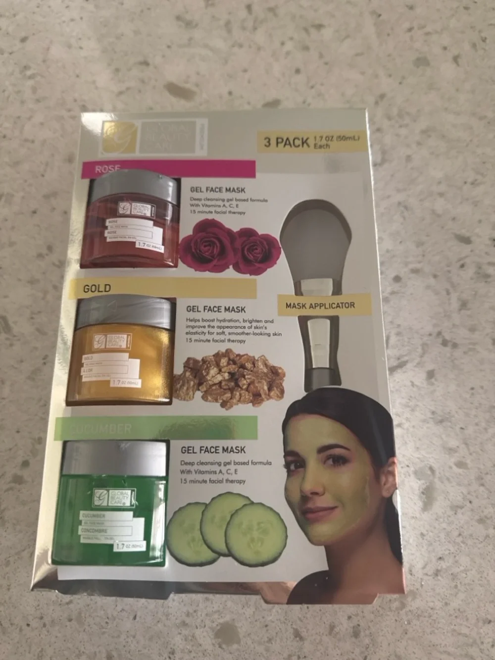 3-Pack Gel Face Mask Set + Applicator Brush | Rose Gold Cucumber Spa Kit - Picture 3 of 5